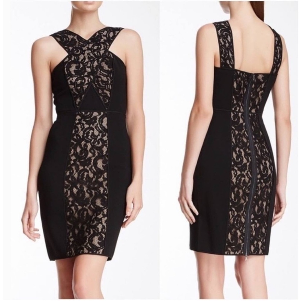 BCBG Max Azria NWT Black Sleeveless “Claudine" Sheath Dress w/ Lace Paneling